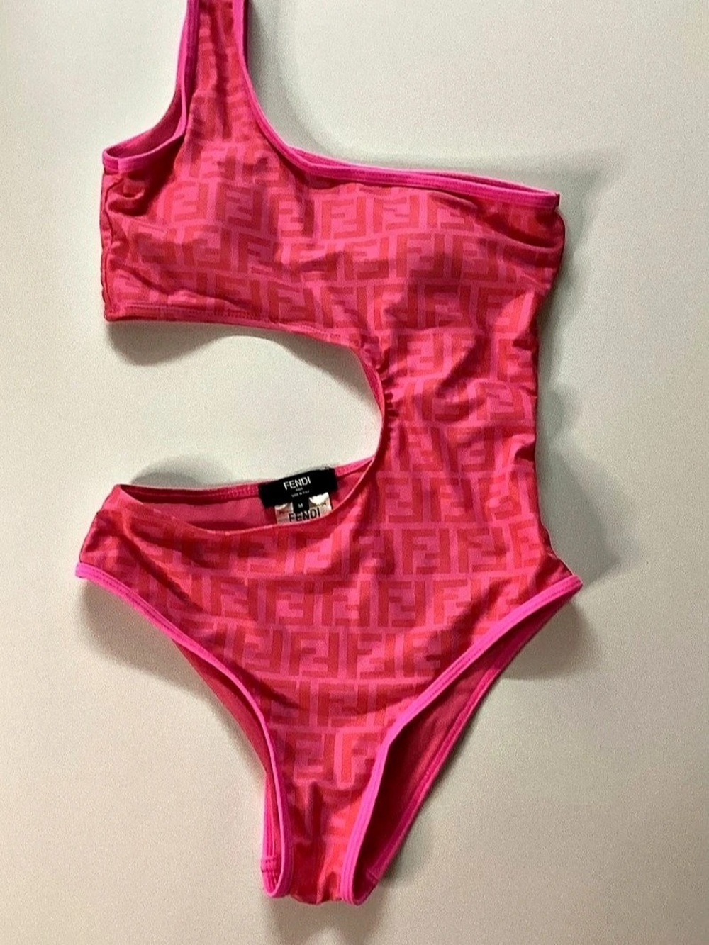 Fendi Women's Pink One-Piece Swimsuit with Cut-Out Side and FF Logo Medium